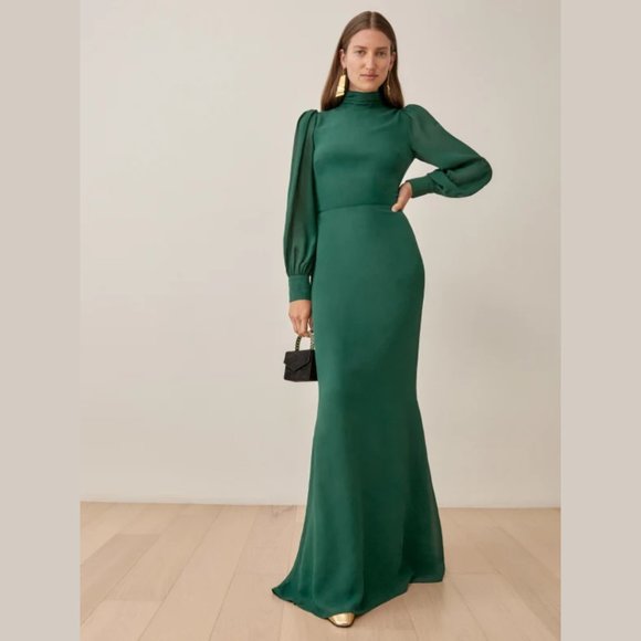 Reformation Midleton Dress Emerald Green Open Back Mock Neck Puffed Sleeves - Picture 3 of 11